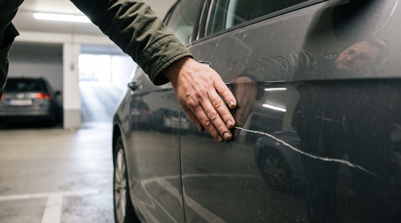 Hand fährt einen langen Kratzer an der Fahrzeugtür entlang