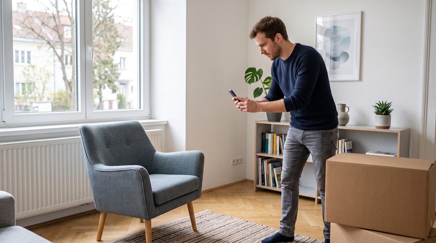 Person fotografiert einen Sessel im Wohnzimmer, um ihn zu verkaufen