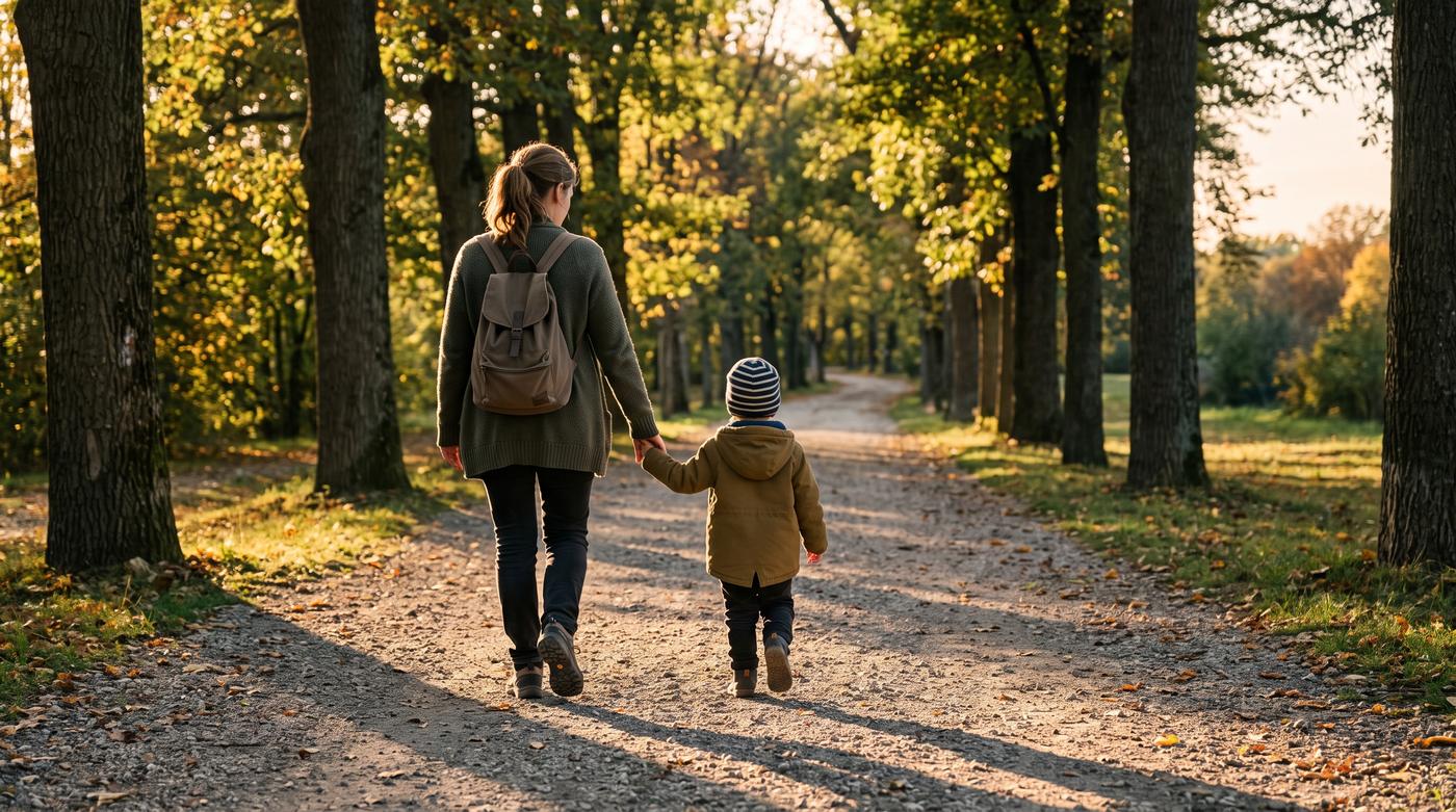 Elternteil und Kind gehen Hand in Hand einen von Bäumen gesäumten Weg entlang