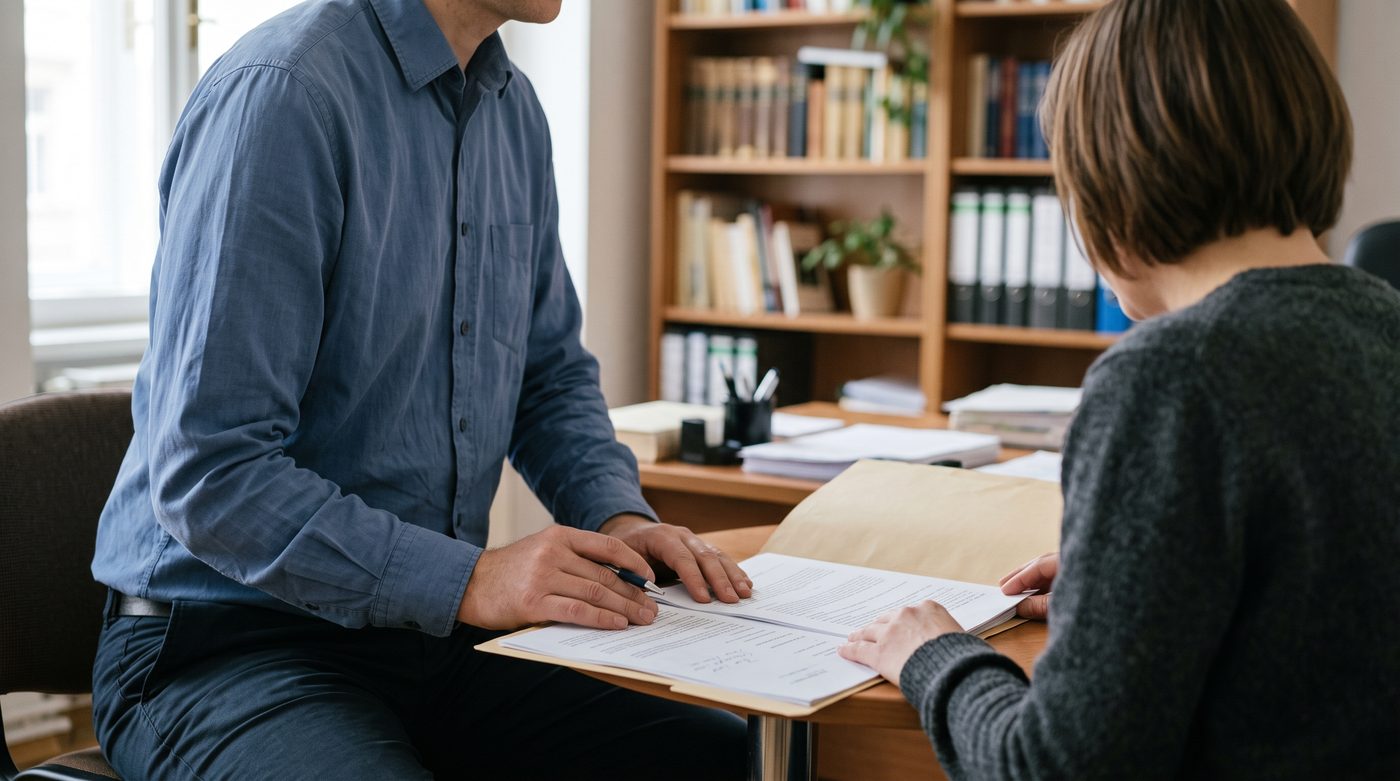 Beratungsgespräch am Tisch mit aufgeschlagener Unterlagenmappe