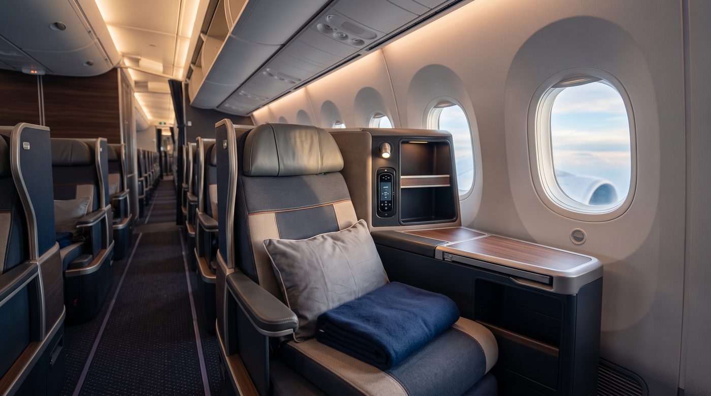Freier Fensterplatz in der Business-Class-Kabine eines Flugzeugs