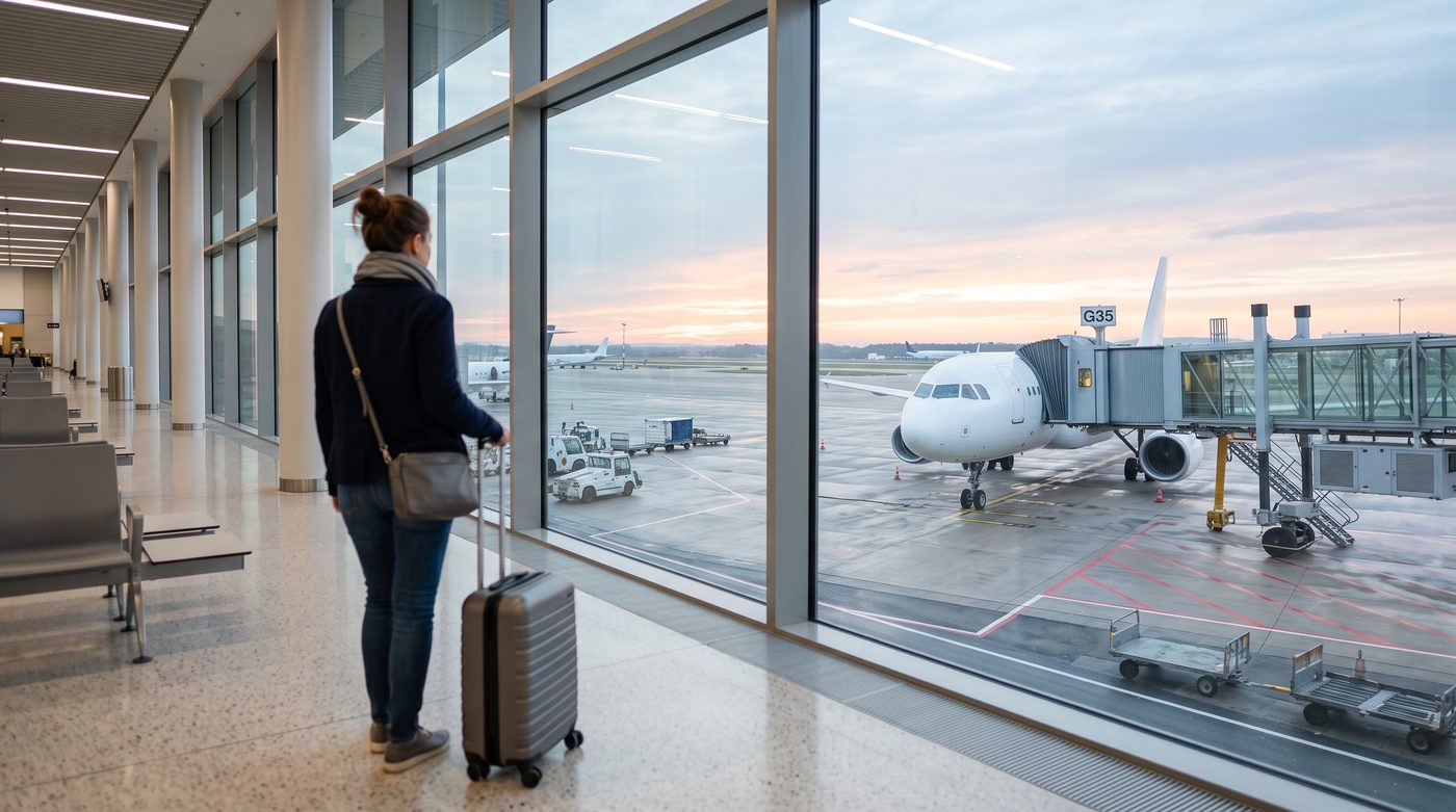 Reisende mit Koffer blickt in der Abflughalle auf ein Flugzeug am Gate