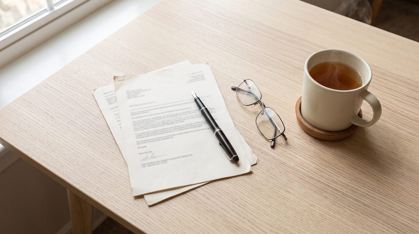 Schreibtisch von oben mit Dokumenten, Lesebrille und einer Tasse Tee