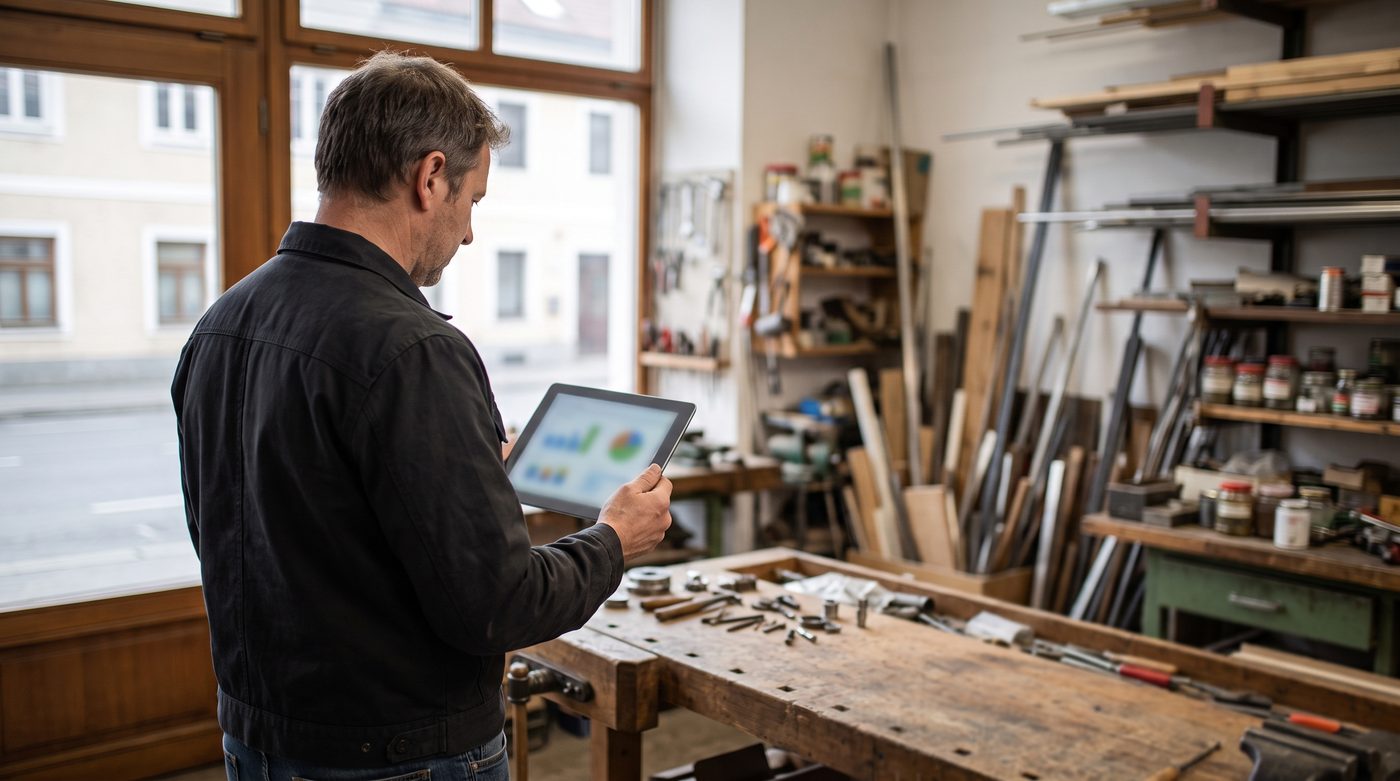 Handwerker in seiner Werkstatt betrachtet Auswertungen auf einem Tablet